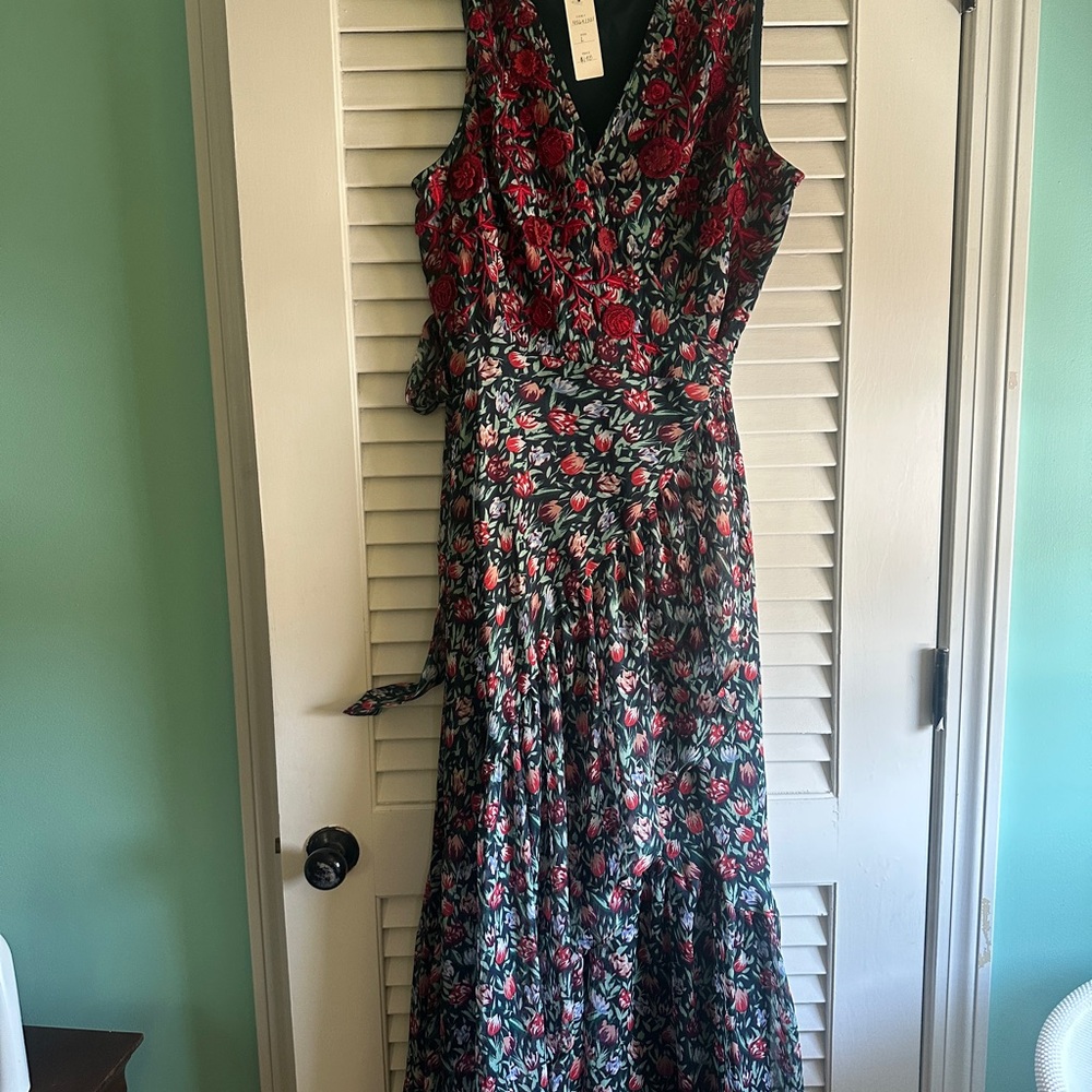 Ranna Gill Anthropologie Red and Green Floral Wrap Dress Beaded Embroidery Neck